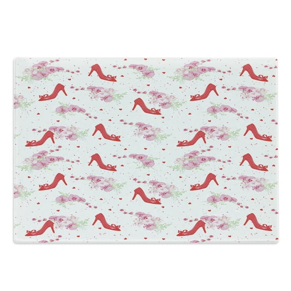 Modern Cutting Board, Shoes Heels Pattern with Orchid Flowers Petals and Hearts Design Image, Decorative Tempered Glass Cutting and Serving Board, Large Size, Red White, by Ambesonne
