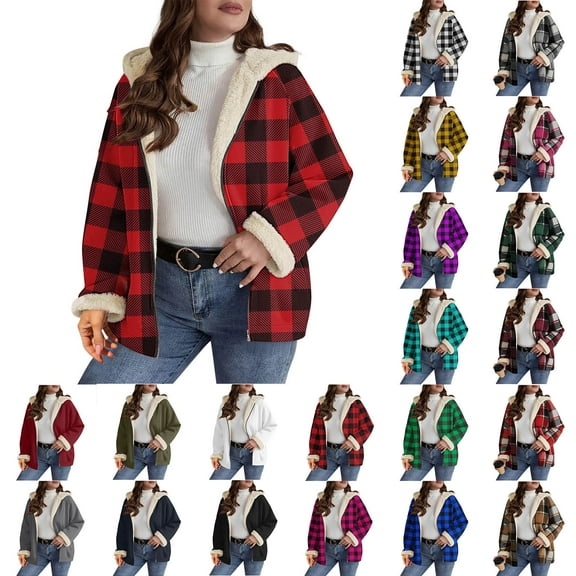 Horkkom Winter Coats for Women Warm Fleece Plaid Jacket Thick Fuzzy Zip Up Hoodie with Pockets L