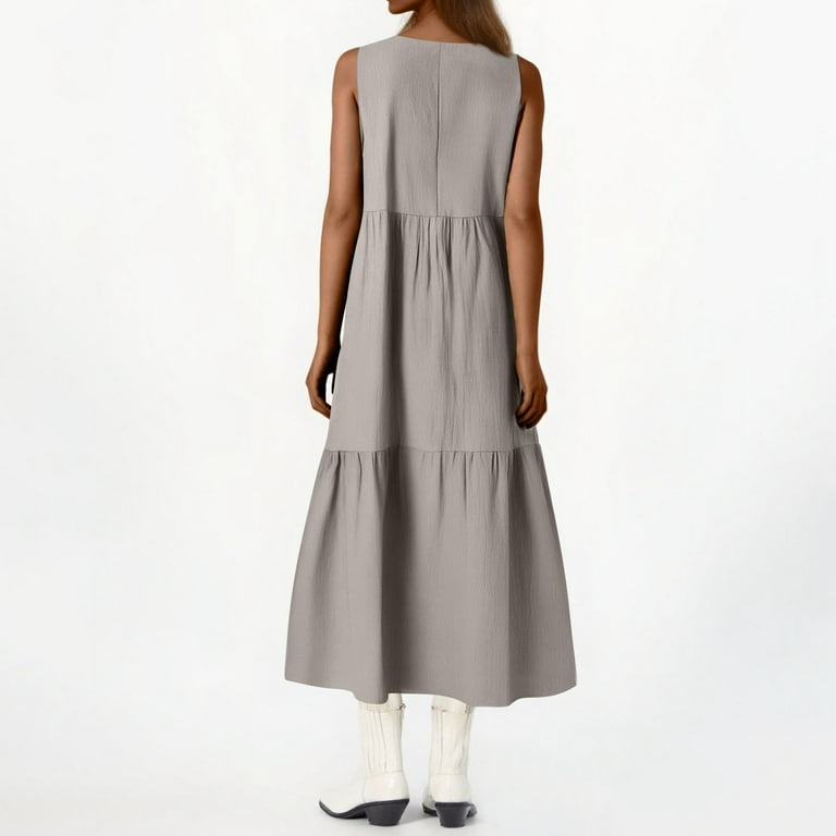 Summer Dress, Linen Casual V Neck Sleeveless Maxi Tank Sundress Plus Size  Loose Swing Beach Wedding Guest Dress Slip For Women Under Dress Long Flowy Semi  Formal Dresses (S, Light Gray) ZMTing -