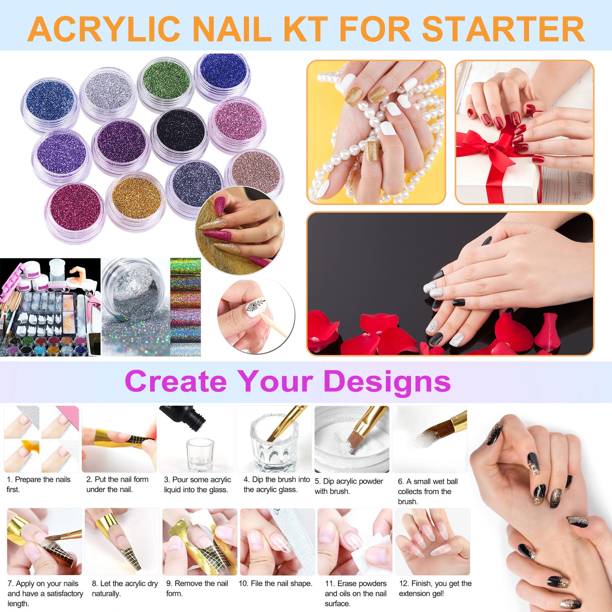 Acrylic Nail Kit - 12 Colors Glitter Acrylic Nail Powder Monomer Acrylic Nail Liquid Set Nail Tips Acrylic Powder Nail Decorations Nail Tools