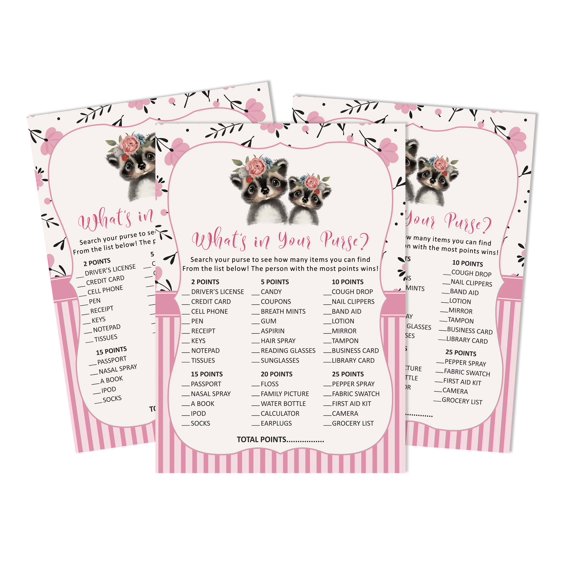 Inkdotpot 50 Sheets What'sIn Your PurseBaby Shower GameCards Raccoon Jungle Animals Activity CardsPartyIdea Baby Shower Party Supply