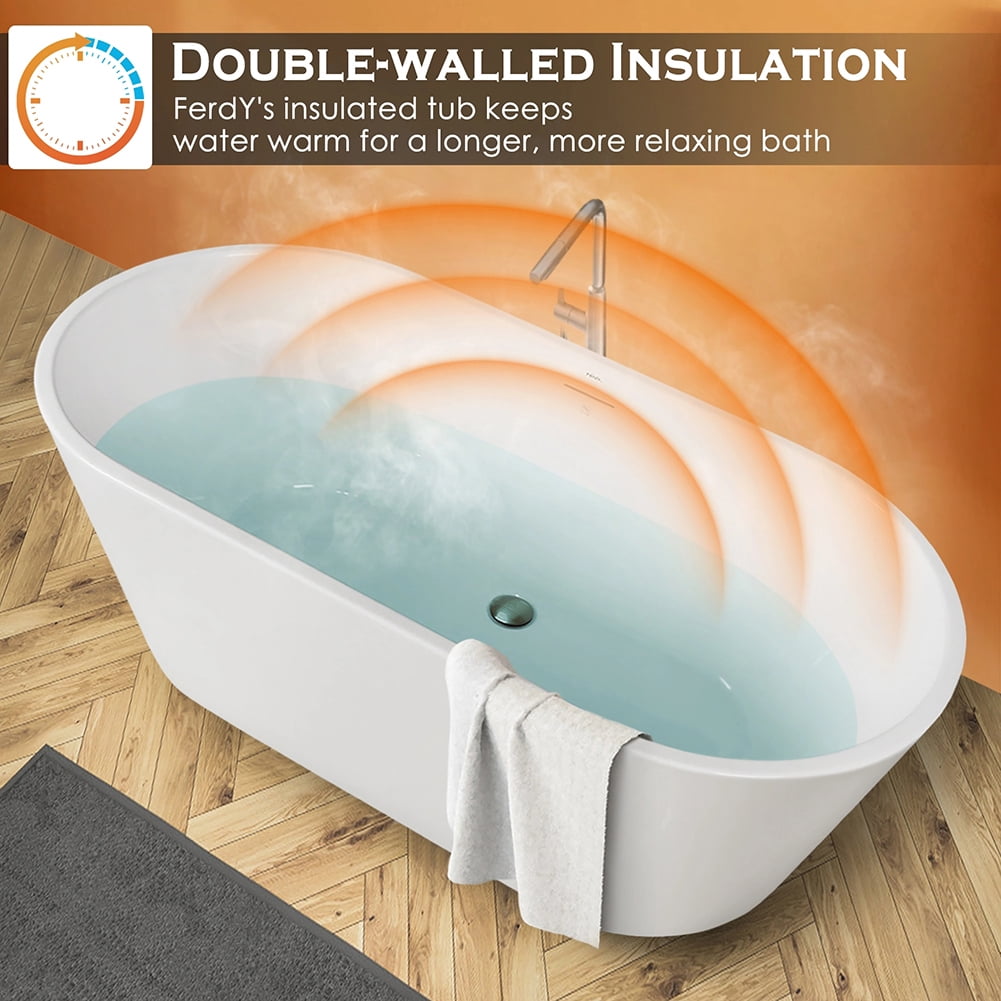 Kepooman Modern Stand Alone Soaking Tub with Brushed Nickel Drain & Overflow Hole, 59 x 29.5in Kepooman Modern Stand Alone Soaking Tub with Brushed Nickel Drain & Overflow Hole, 59 x 29.5in