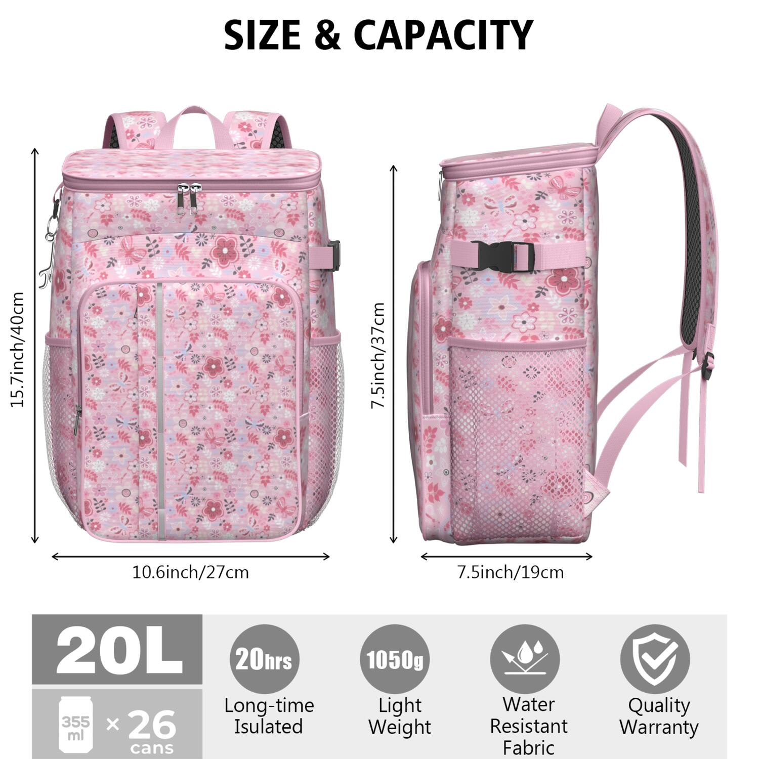 Travel Cooler Bag - Pioneer Flower Floral Print Pattern Camping Beer Cooler Backpack with Bottle Opener- Waterproof Insulated Picnic Backpacks - Cooler Bag for Beach