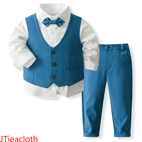JTieacloth Boys Top and Shorts Sets Boys Formal Outfits Set Shirt Vest Pants Bow Tie Suit For Kids Wedding Party Occasions,Sizes 3-4 Years(Blue)