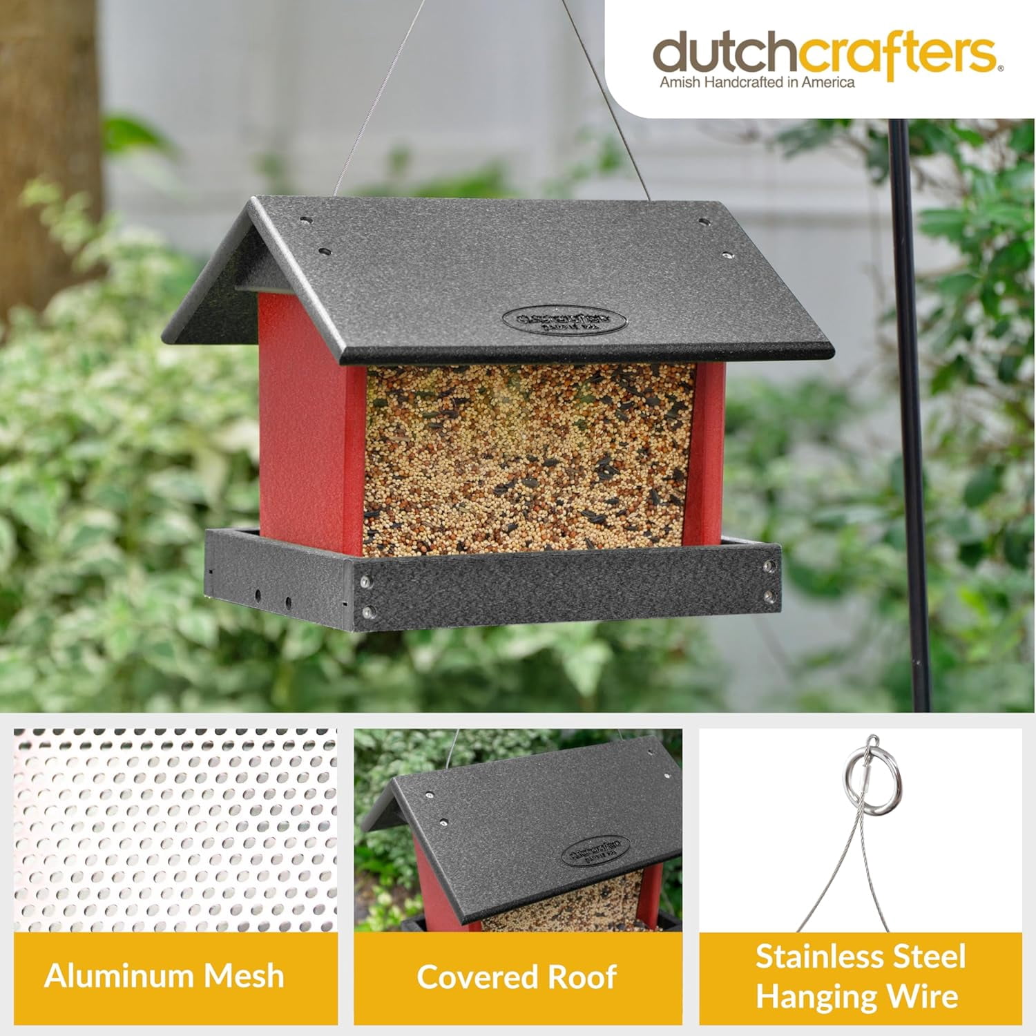 DutchCrafters Poly Hanging Hopper Bird Feeder, Large Hanging Bird Feeder for Outside, Outdoors - Amish American Made