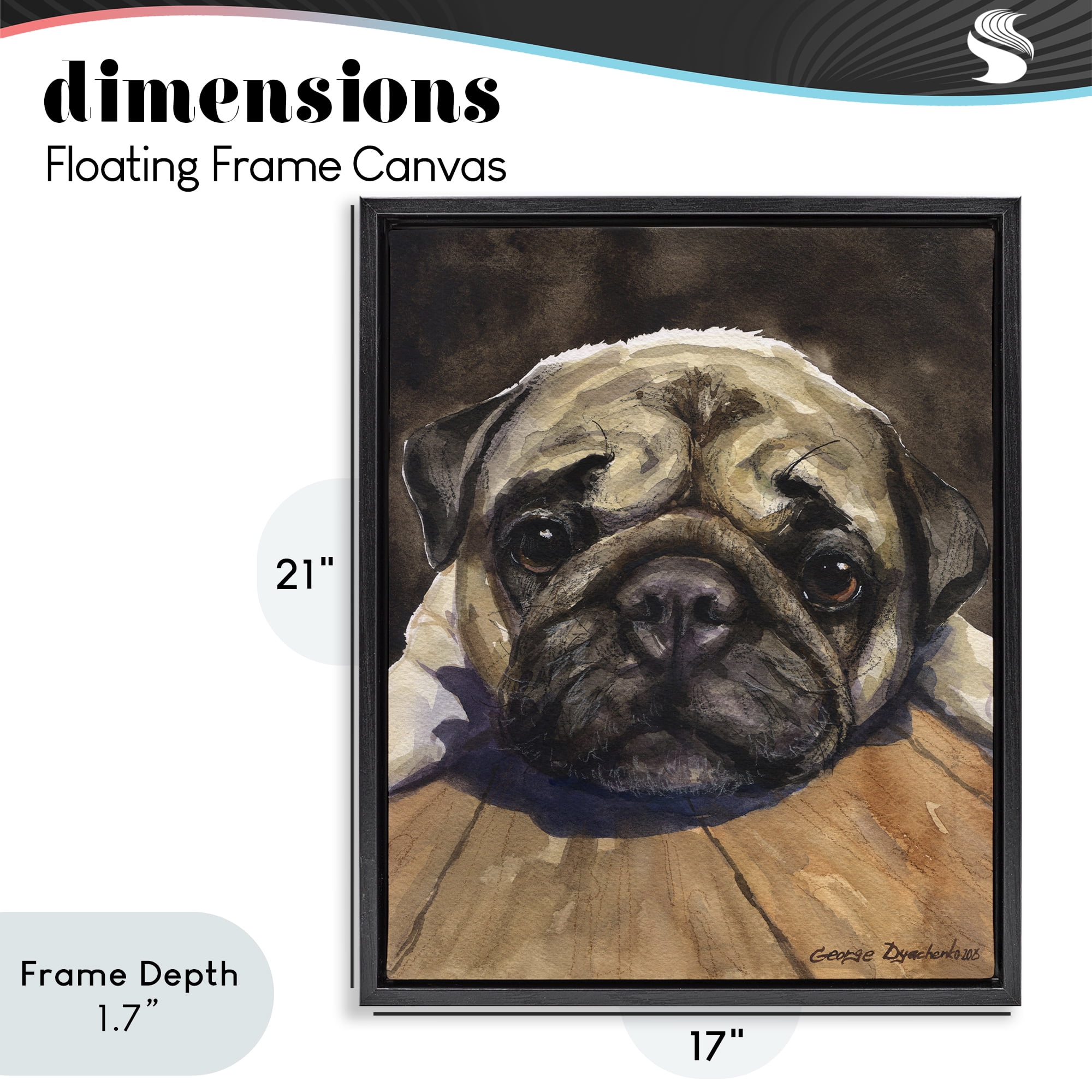 Stupell Industries Pug Soulful Portrait Black Framed Floater Canvas Wall Art, design by George Dyachenko