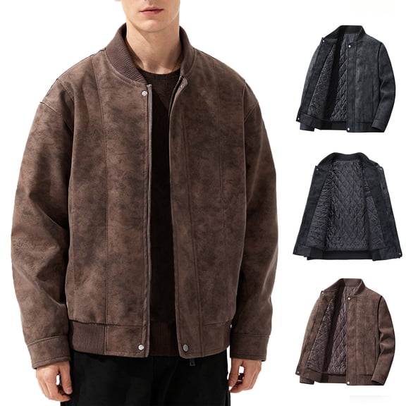Zedker Men's Suede Leather Jacket Thickened Baseball Collar Leather Jacket Youth Jacket Casual Top Coat Black L