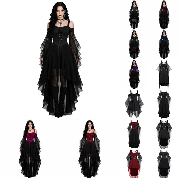 KHONTS Women's Halloween Witch Dress Cold Shoulder Lace up Corset Dresses Long Flared Sleeve Mesh Gothic Outfits 06- XL