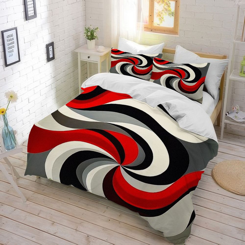 WNOOHIY Red Black White Gray Swirl Pattern 3Pcs Duvet Cover with Pillowcases, Queen/King