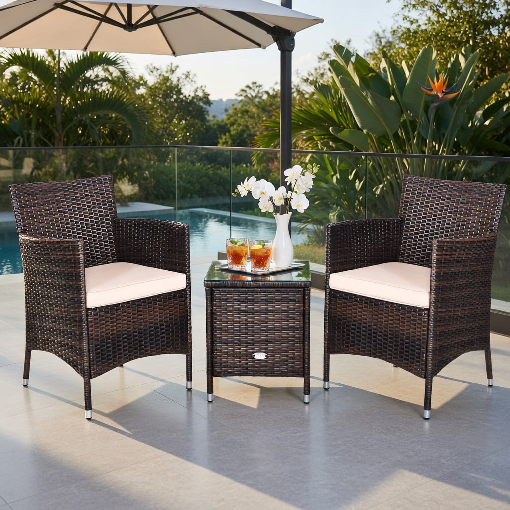 Hommoo 3-Piece Outdoor Wicker Furniture Set, PE Rattan Chairs with Cushions + Tempered Glass Coffee Table for Patio, Garden & Backyard, Brown