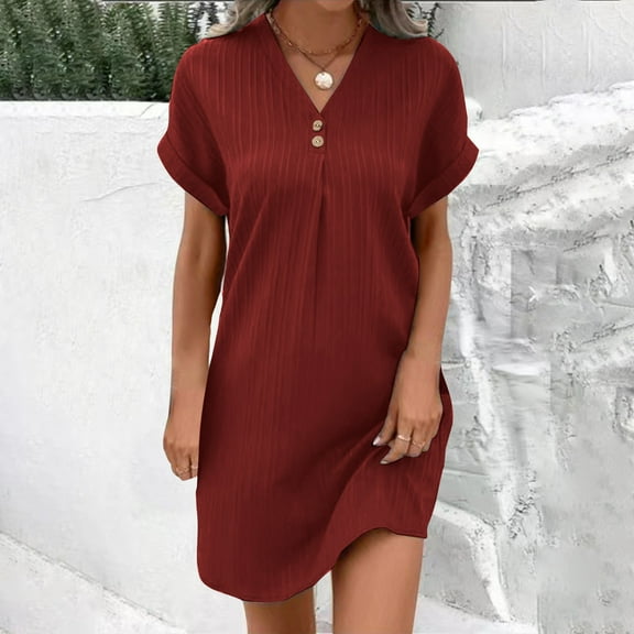Titcea Casual Dresses for Women Knee Length Solid Color Button Down V Neck Short Sleeve Midi Dresses with Pockets