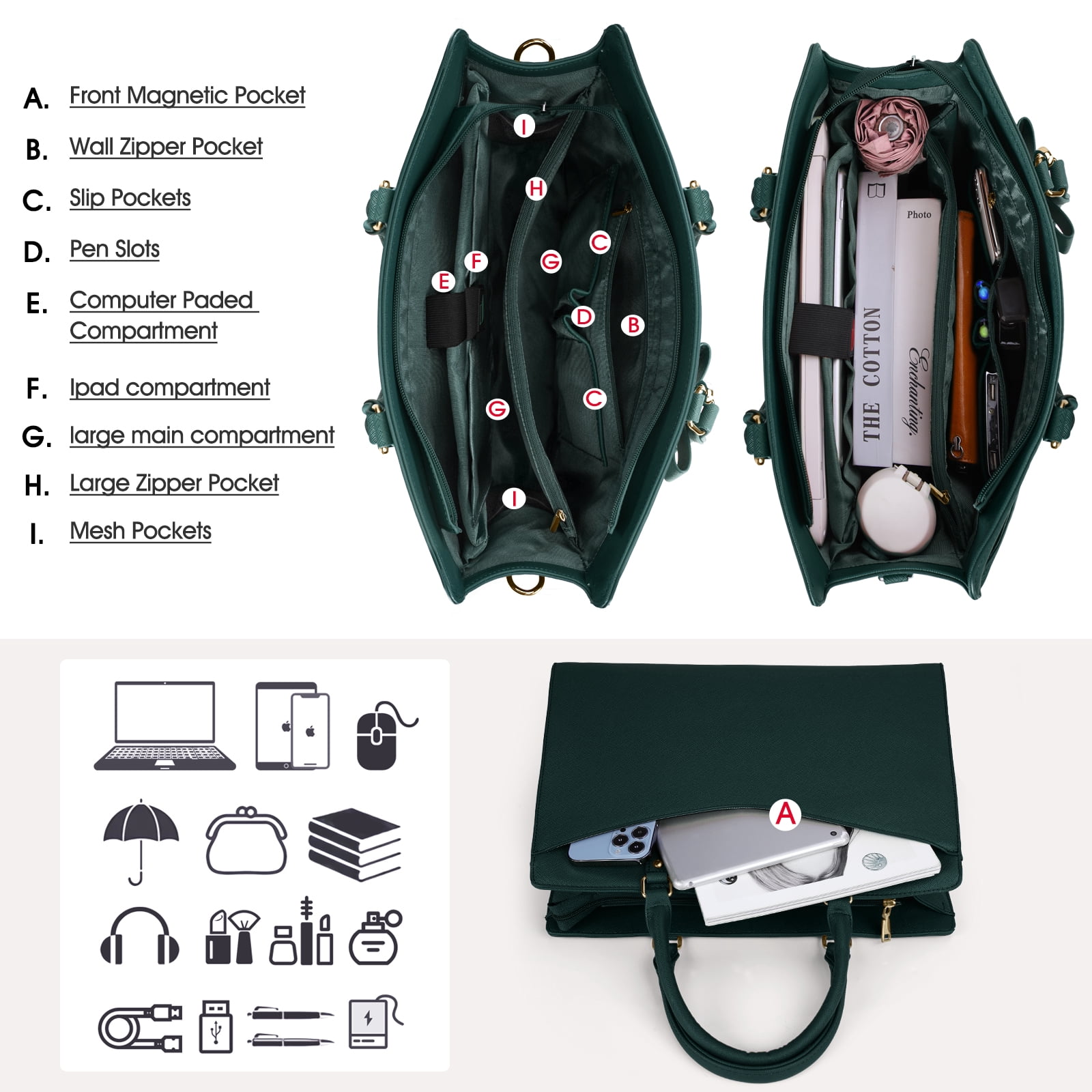RAINSMORE Laptop Bag for Women 15.6 Inch PU Tote Bag Business Office Work Bag Waterproof Briefcase Computer Tote Lightweight Handbag Shoulder,Dark Green