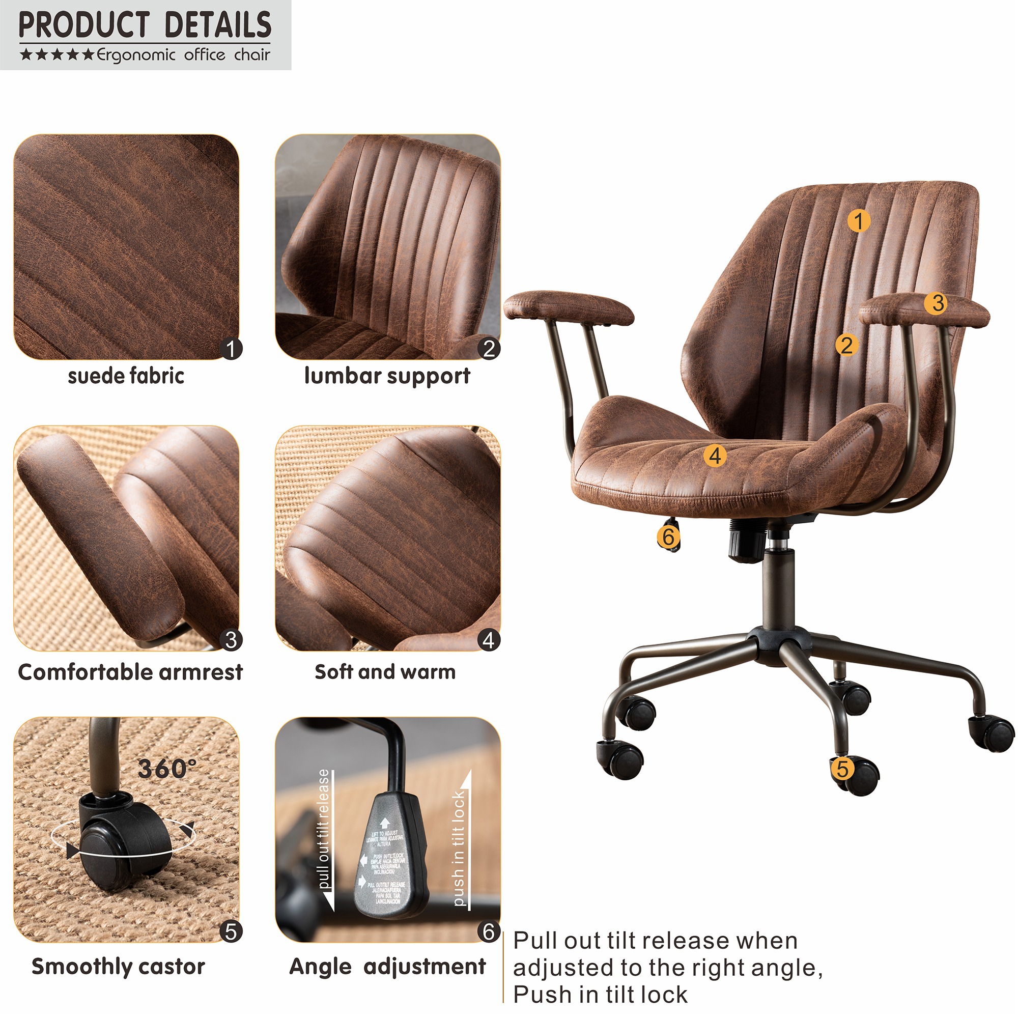 Ovios Ergonomic Office Chair Modern Computer Desk Suede Fabric Desk Chair with Lumbar Support for Home Office - image 4 of 8