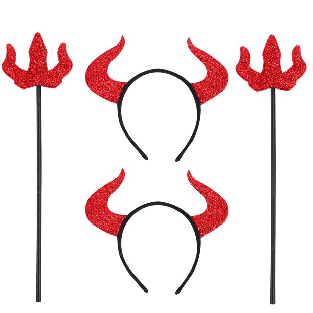 Conjunto de 4 tridentes de diablo con pelo de cuerno para disfraz de diablo de Halloween (rojo)