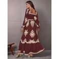 thumbnail image 5 of Women's Fall Wedding Guest Dresses Boho Floral Long Sleeve V Neck Flowy Elegant Maxi Dress Beach Clothes Wine Red XXL, 5 of 9