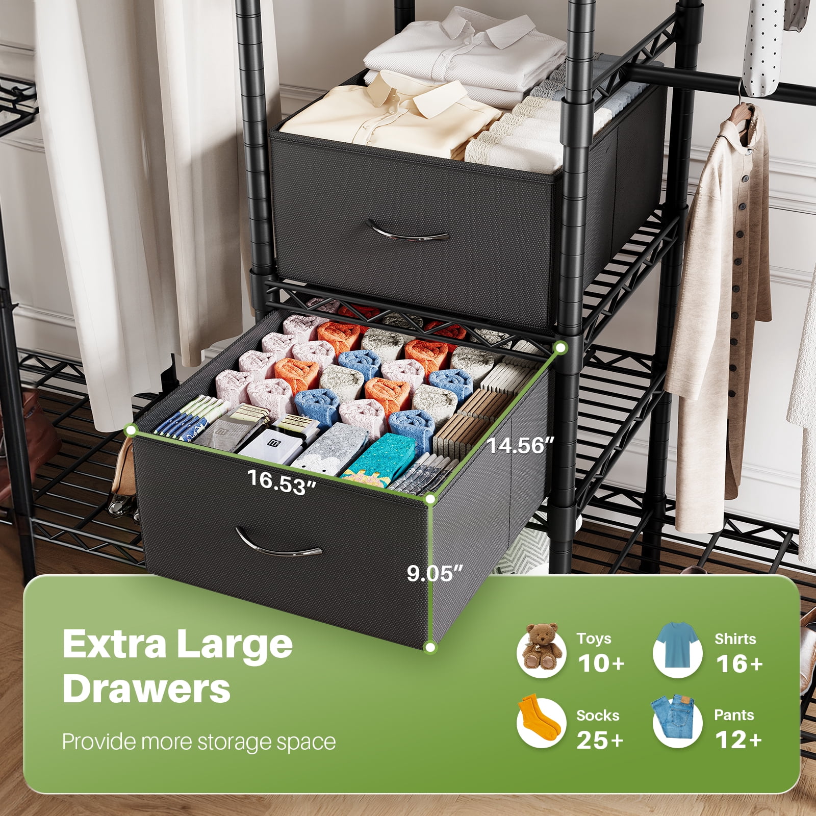 HOKEEPER 1350LBS 76" L x 17" W x 76" H Portable Closet Wardrobe Heavy Duty Clothes Rack, Freestanding Clothing Rack with 6 Hang Rods, 10 Shelves & 2 Drawers , Adjustable Closet Garment Rack, Black