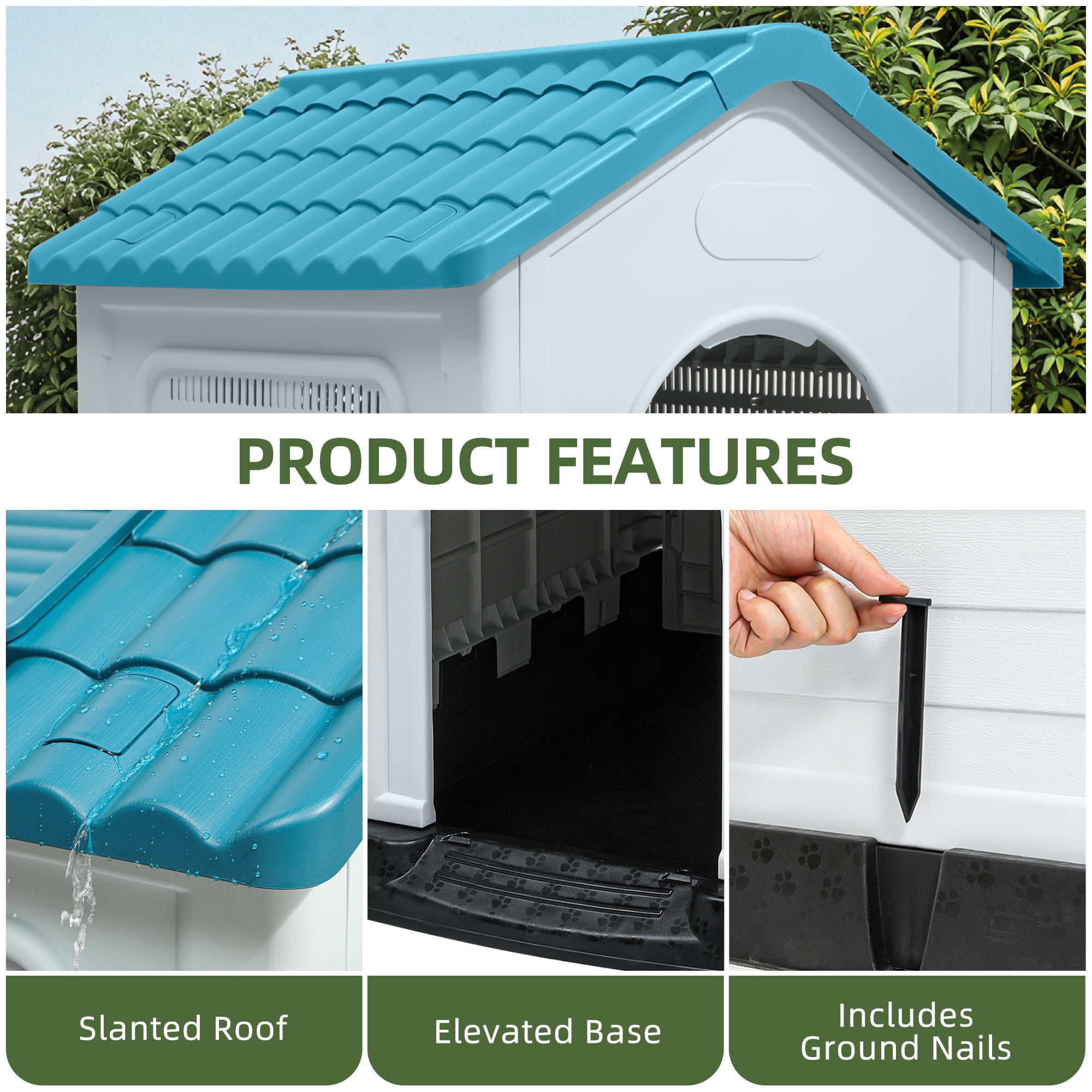 Uforic Large Foldable Plastic Dog House with Air Vents and Elevated Floor, Outdoor Indoor Waterproof Doghouse Puppy Shelter,Blue,41.3''Lx 34.6''Wx 39''H