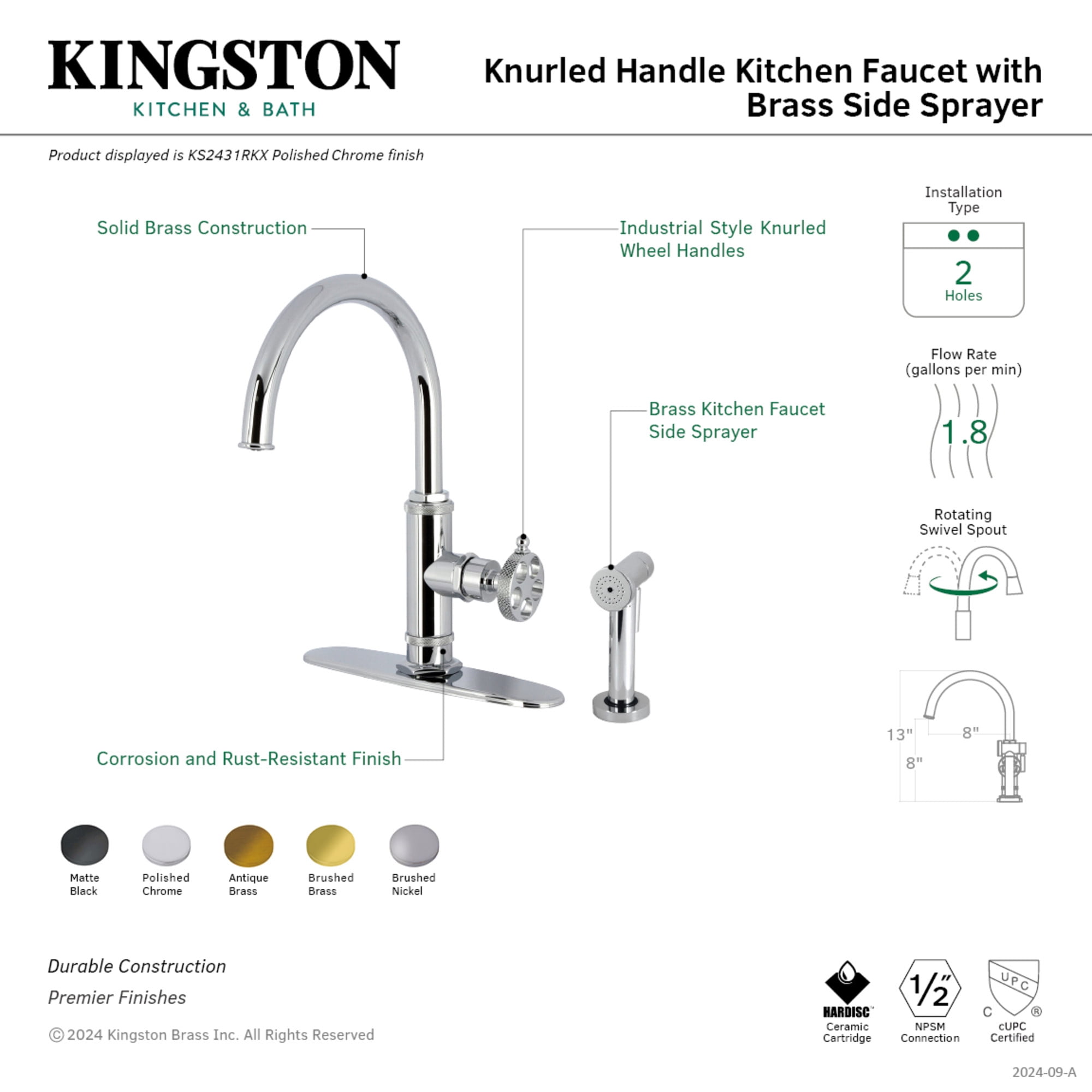 Kingston Brass KS2433RKX Webb Single-Handle Kitchen Faucet with Knurled Handle and Brass Side Sprayer, Antique Brass