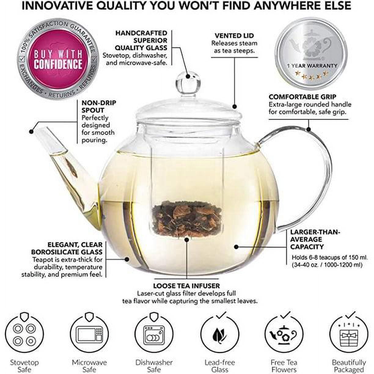Teabloom Stovetop & Microwave Safe Glass Teapot (40 OZ / 1.2 L) with ...