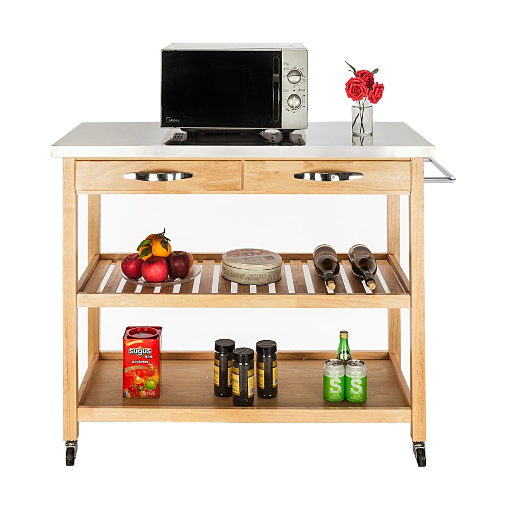 Kepooman Rolling Kitchen Cart Set - Stainless Steel Table Top, Two Drawers, Two Shelves, Burlywood Kepooman Rolling Kitchen Cart Set - Stainless Steel Table Top, Two Drawers, Two Shelves, Burlywood