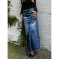 thumbnail image 3 of Women’s Mid Rise Denim Maxi Skirt 90s Retro Vintage Wash with Raw Frayed Hem Edgy Streetwear Mermaid Fit, 3 of 6