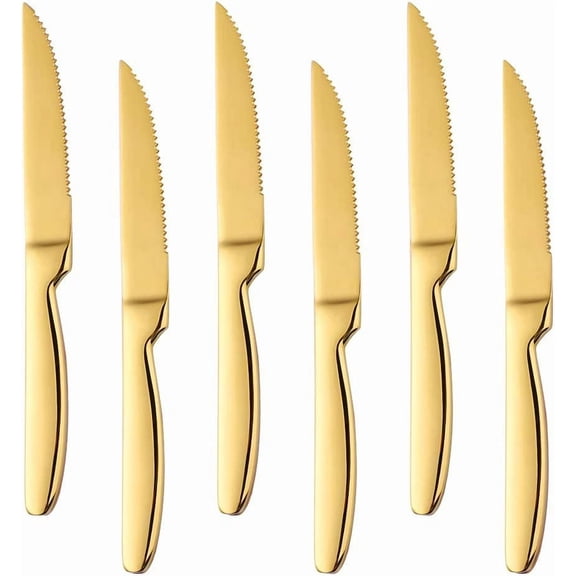 Stainless Steel Serrated Steak Knife Set of 6, BuyGo Gold Color Heavy Duty Dinner Table Knives for Cutting Meat, Beef, 8.6 Inch, Dishwasher Safe