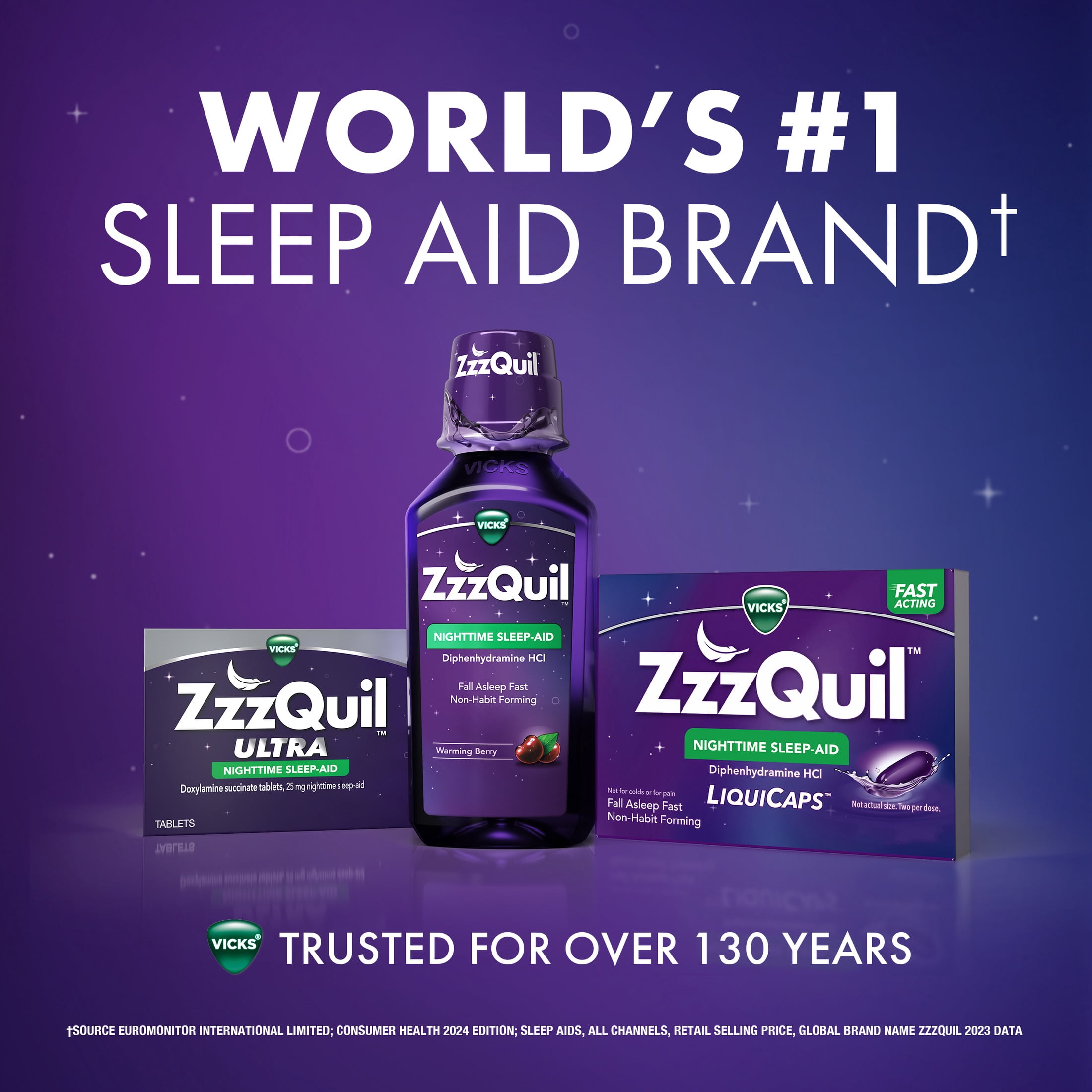 (2 pack) ZzzQuil LiquiCap Sleep Aid, Diphenhydramine 25mg HCl, 48 LiquiCaps