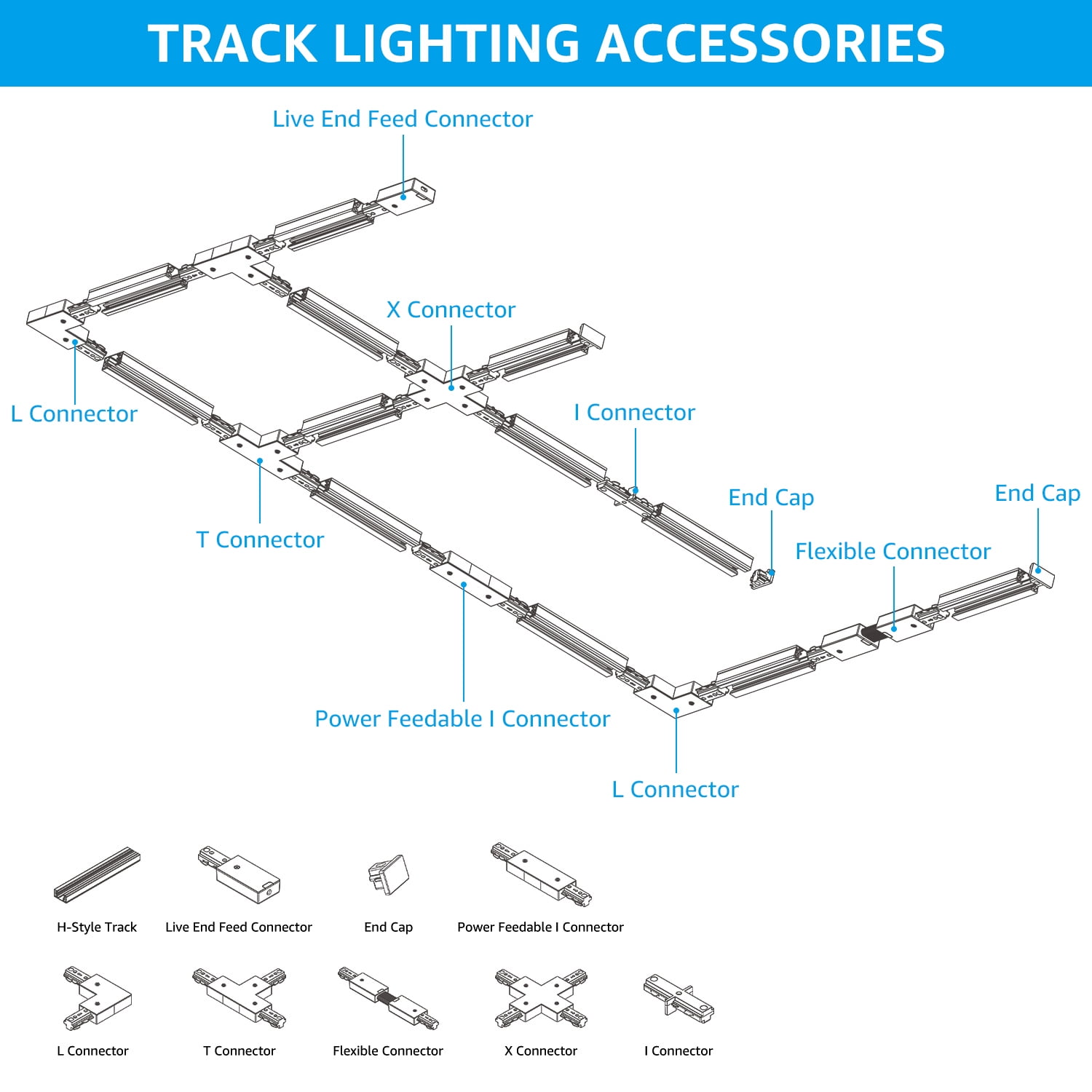 H Track T Connector, H Type Single Circuit 3-Wire-1 Track Lighting Kit, Corner Joiner, UL Listed, Flame Retardant Material, for H Track System, 3 Years Warranty, 120V, Black