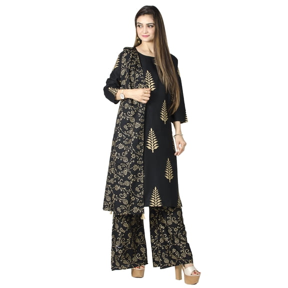 Chandrakala Gold Foil Printed Kurti Palazzo Set for Women Rayon Cotton Indian Ethnic Tunic ,X-Large (K176BLA4)