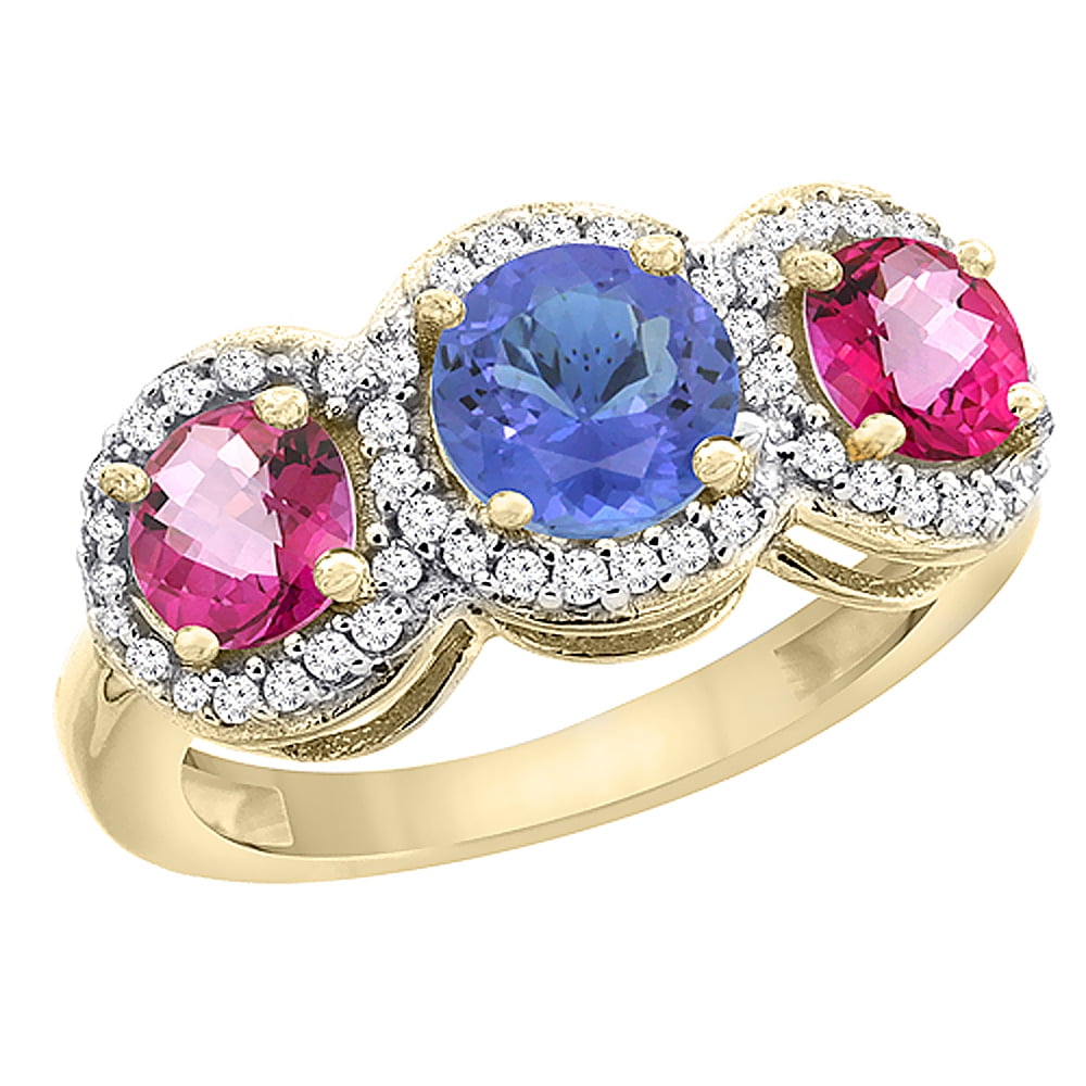 14K Yellow Gold Natural Tanzanite & Pink Topaz Sides Round 3-stone Ring Diamond Accents, size 5 by Gabriella Gold
