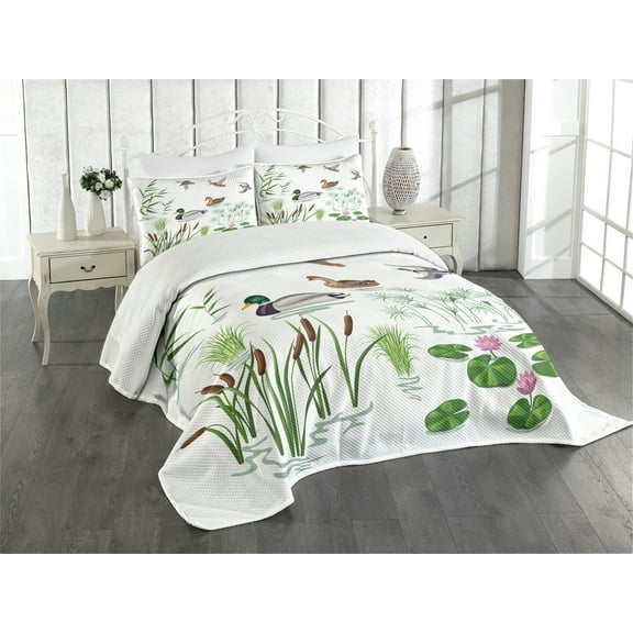Ambesonne Duck Quilted Bedspread Set 3 Pcs, Lake Animals Plants, Queen Size, White Green