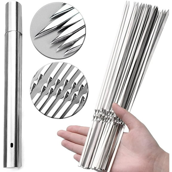 GoXteam 20pack Stainless Steel BBQ Skewers  Storage Tube Flat Barbecue Skewer for Grilling Reusable Metal Needle Sticks for Shish Kebob