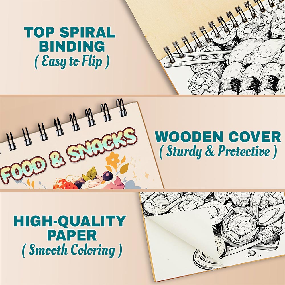 Netecom Food & Snacks Coloring Book Spiral Bound For Adults, A5 Wooden Cover, 30 Fun Coloring Pages of Comfort Foods for Stress Relief and Relaxation