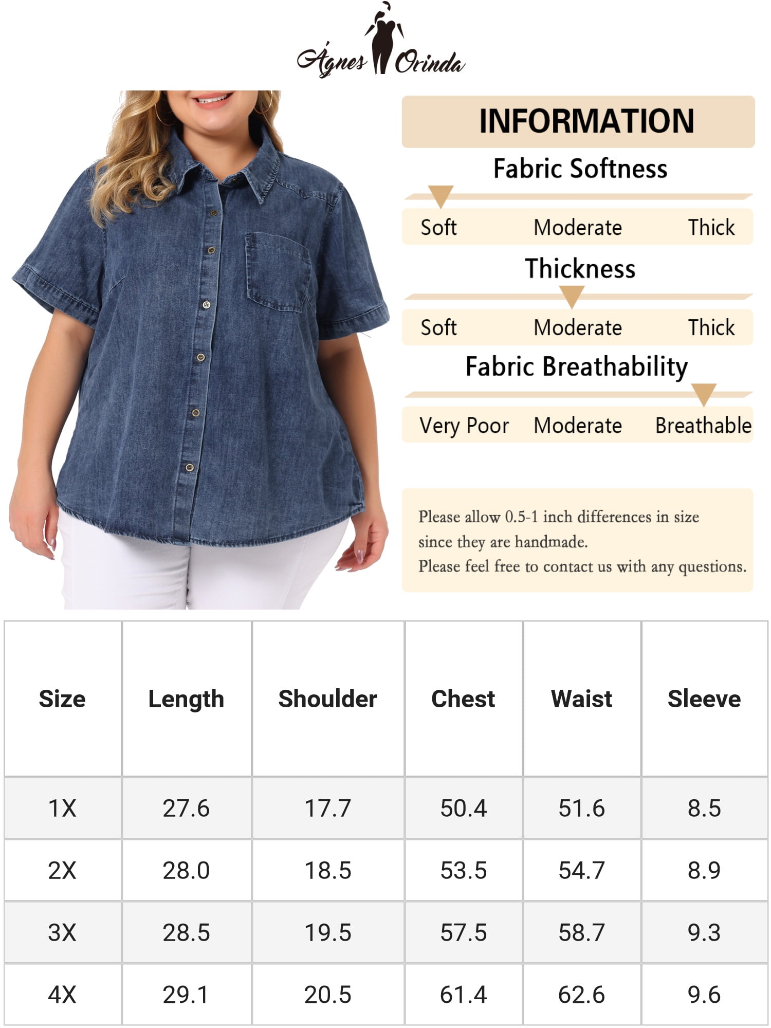 Unique Bargains Women's Plus Size Denim Jean Shirts Short Sleeve Button Down Tops 1X Denim Blue