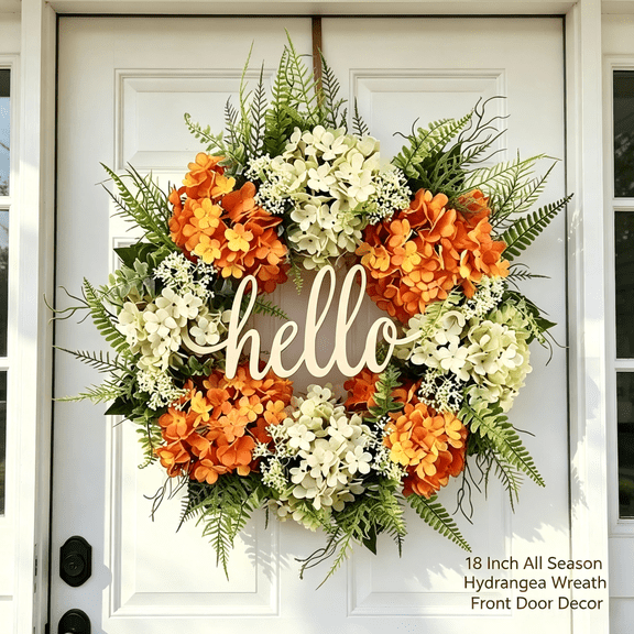 Spring Summer Wreath for Front Door 18 Inch - Artificial Hydrangea Year-Round Wreath with Welcome Sign, All Season Outdoor Indoor Decor for Home Wall Window