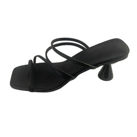 OJSFQUFP Women Shoes Casual Ladies Fashion Summer Solid Leather Fine Belt Combination Square Head Thick High Heel Sandals Slides for Women Black 37
