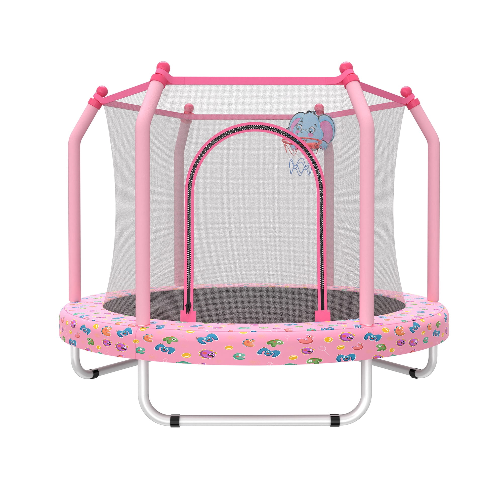 55" Trampoline for Kids, Mini Toddler Trampolines Indoor with Basketball Hoop & Safety Enclosure Net, No-Gap Safe Design for Boys Girls Ages 1-8