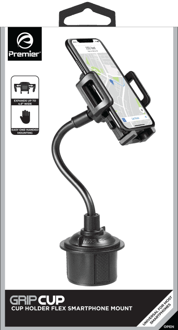 Premier Universal Cup Holder Smart Phone Mount.   Expandable Grip arms and retractable leg supports securely fasten your device even on the bumpiest roads .