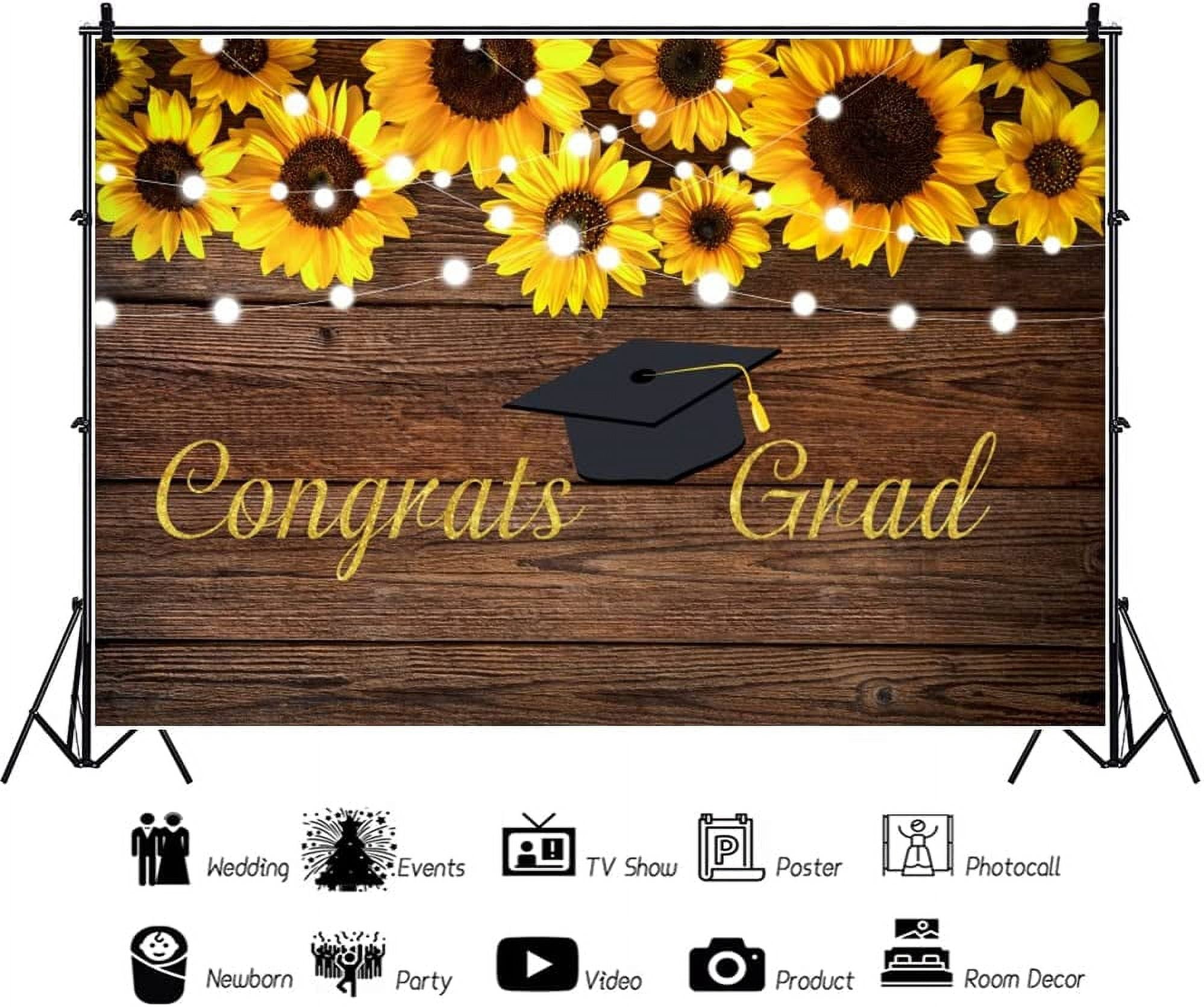 5 x 4 feet sunflower graduation backdrop, 2025 graduation congratulations background, rustic wooden board, flowers, bachelor's cap, graduation banner, party decoration.