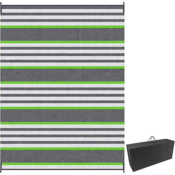 LEIYY Reversible Outdoor Rug, 9' x 12' Waterproof Plastic Straw Floor Mat, Portable RV Camping Carpet, Large Floor Mat for Backyard, Deck, Picnic, Beach, Green & Gray Stripes