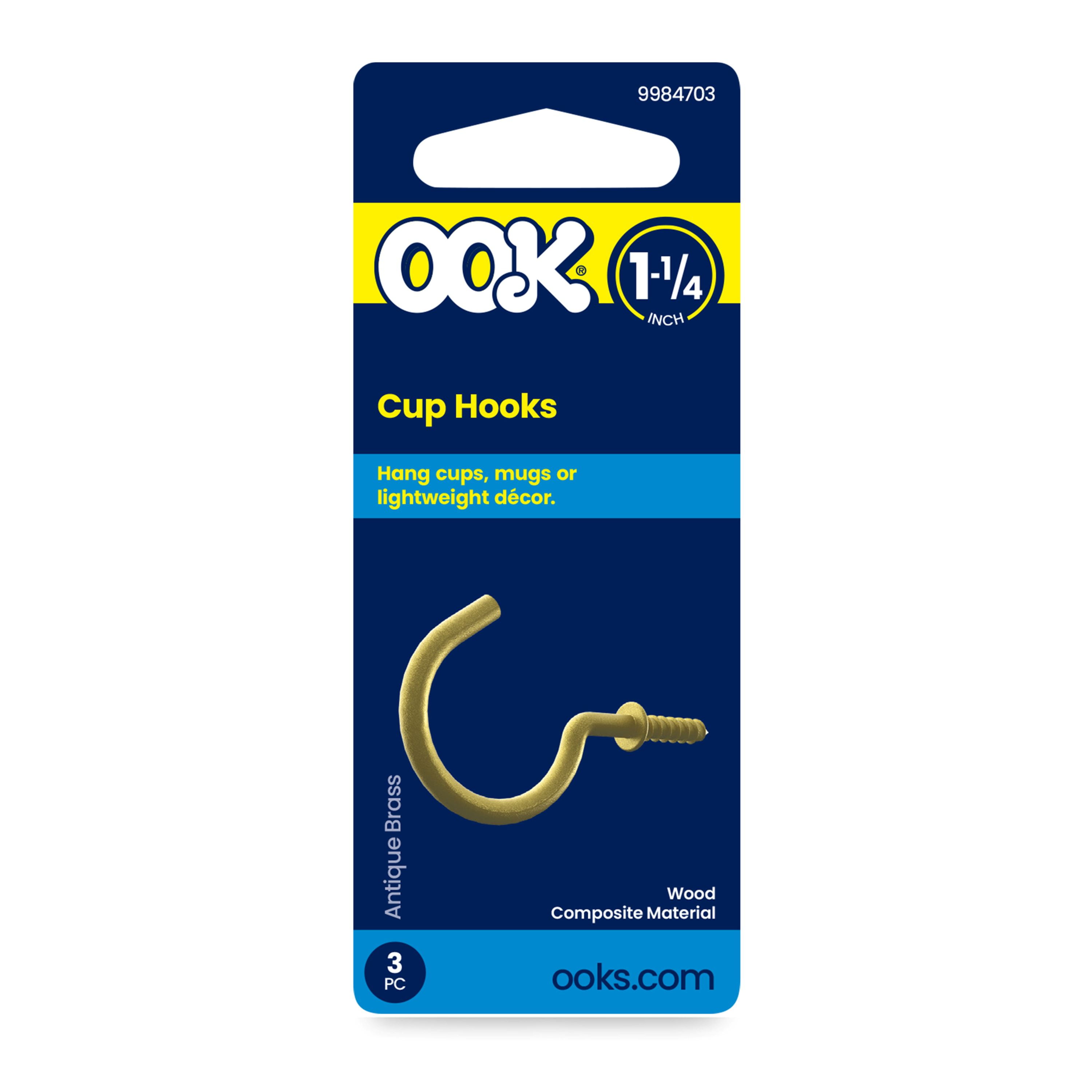(3 pack) Ook Cup Hooks, 1-1/4", 1 lbs, Screw Hooks, Steel, Antique Brass, Gold, 3 pack