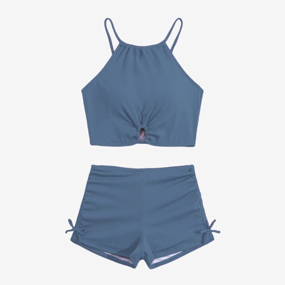 Ticikt Girls 2 Piece Swimsuit, Halter Cutout Top & High Waist Swim Shorts, Kids Solid Ribbed Bathing Suit,Blue