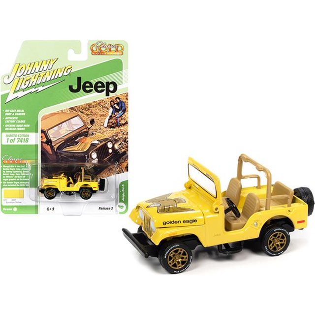 Johnny Lightning JLCG025-JLSP150B 2.75 x 2 Po. Jeep CJ-5 Échelle 1-64 Soleil avec Graphiques Aigle Doré Collection Classique Édition Limitée Modèle Réduit Mondial, Jaune - 7418 Pcs