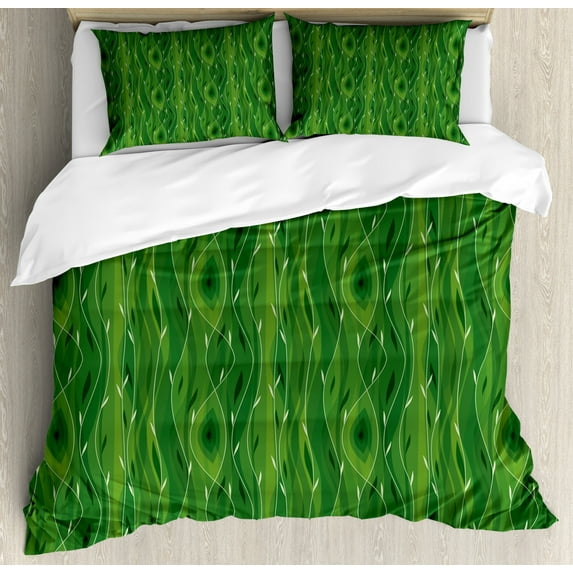 Green Duvet Cover Set Queen Size, Retro Spring Freshness Themed Abstract Leaf Design Vertical Wavy Twigs, Decorative 3 Piece Bedding Set with 2 Pillow Shams, Fern Green Pale Green, by Ambesonne