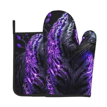 

KLL Purple Plant White Tiger Pattern Oven Mitts and Pot Holders 2pcs Sets for Kitchen Oven Mitt Heat Resistant 536°F Oven Gloves for Kitchen Cooking and Baking