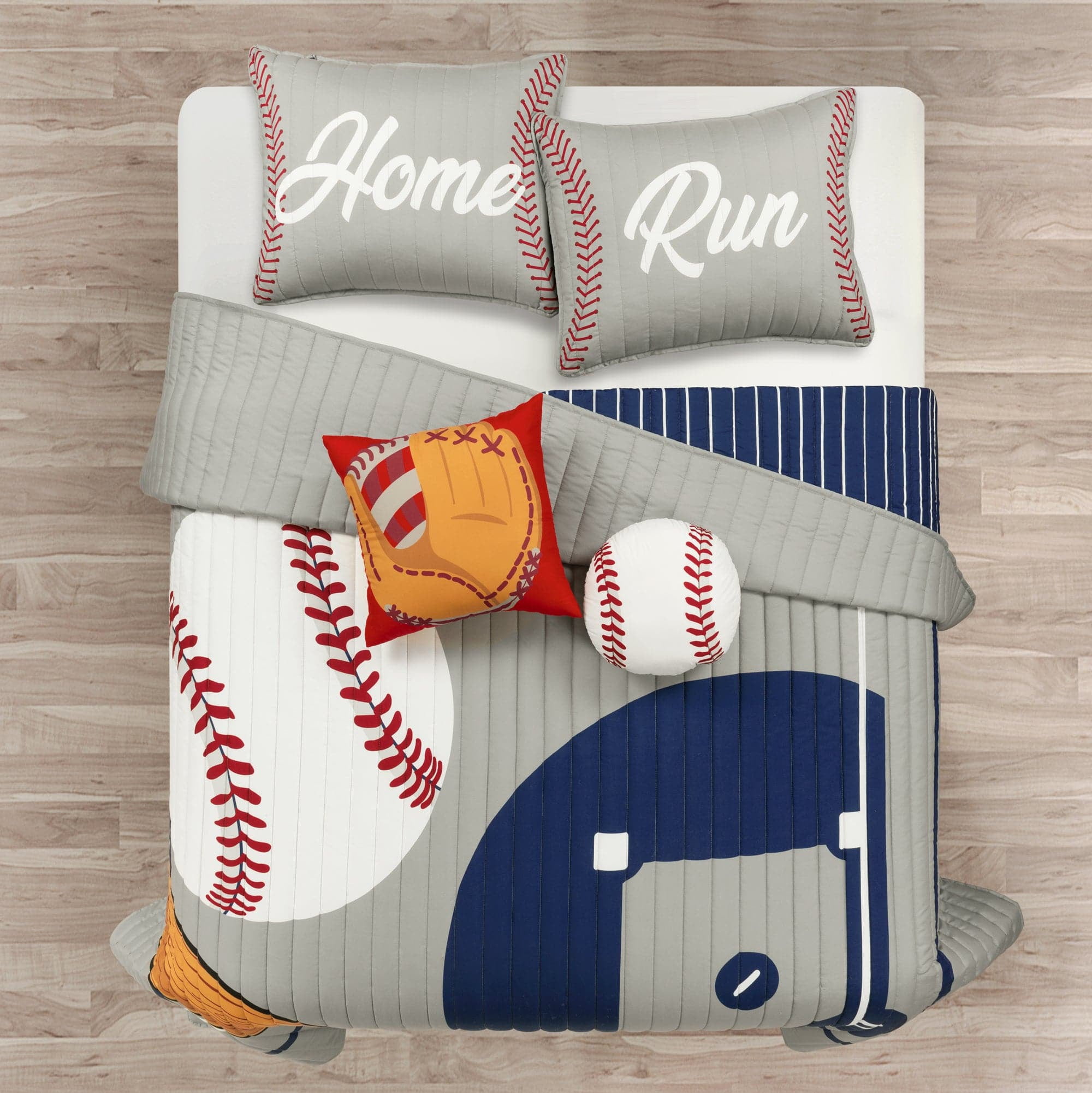 Lush Decor Baseball Game Reversible Oversized Kids Quilt Navy/Gray 5Pc Set Full/Queen