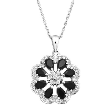 7/8 ct Natural Onyx Flower Pendant Necklace with Diamonds in Sterling Silver