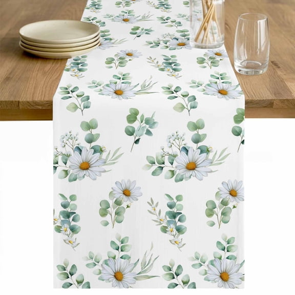 Daisy Table Runner - 70 Inch Long Spring Eucalyptus Leaves Flowers Botanical Country Cotton and Linen Blended Dress Scarves Farmhouse Table Runner for Kitchen Dining, Coffee Table, 13" x 70"