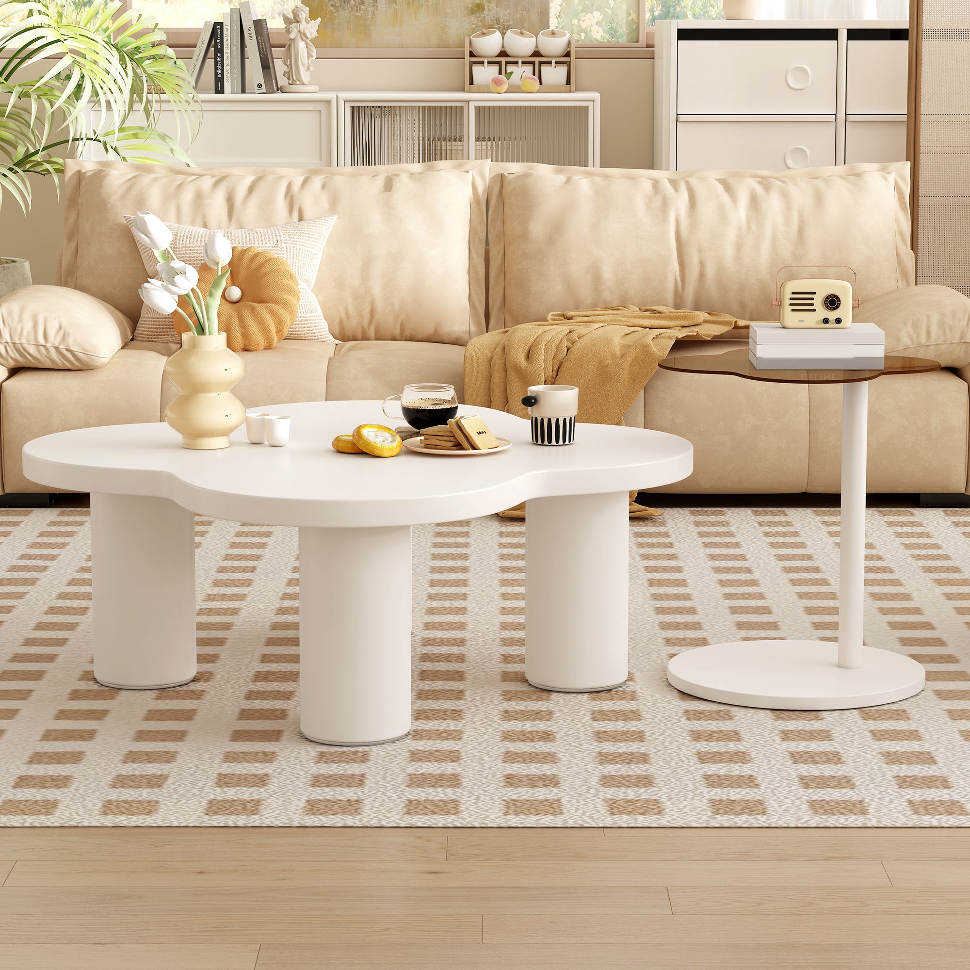 Euroco Modern Petal-Shaped Nesting Coffee Table Set with Glass & Solid Surface Tops
