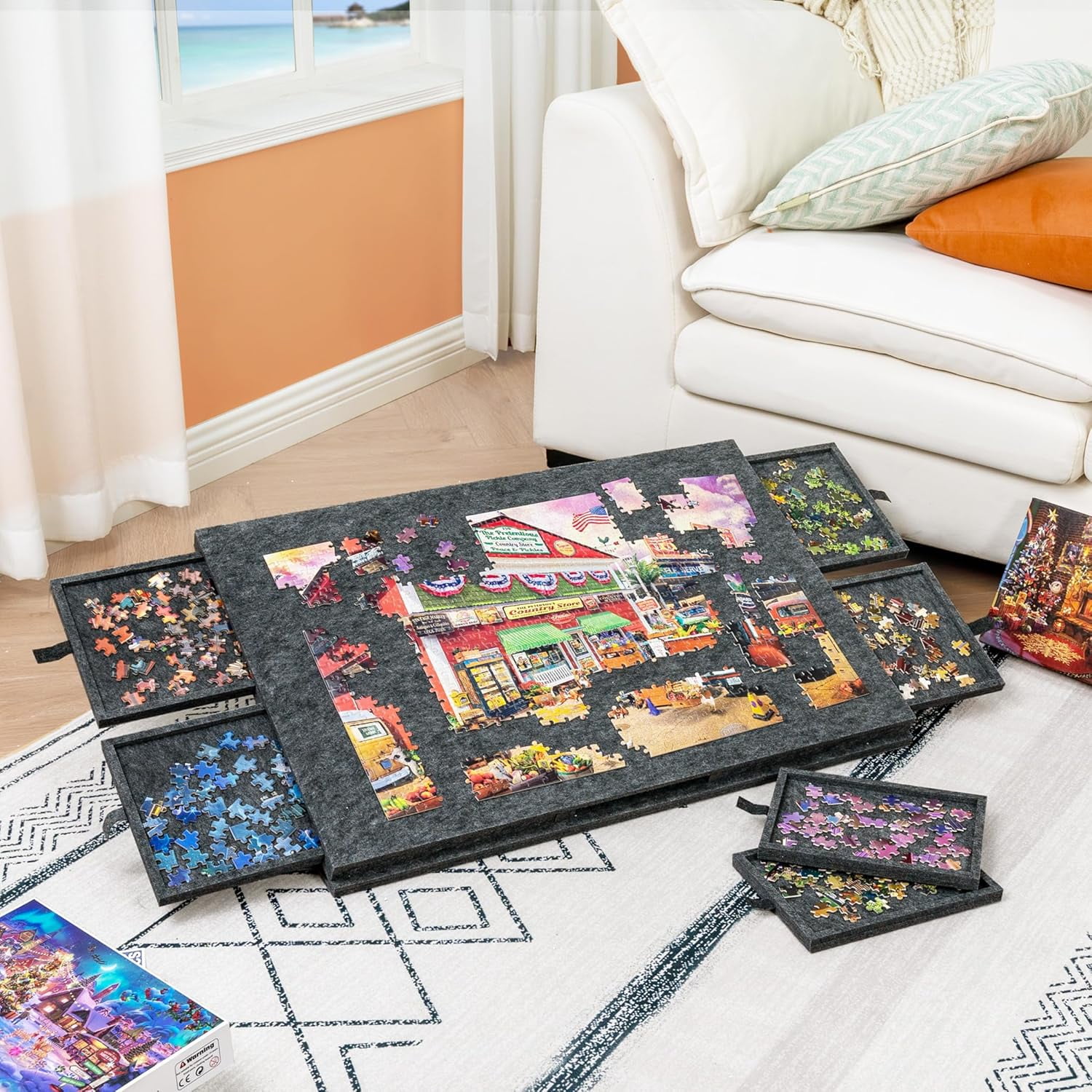 MAXVINI 1000 Piece Jigsaw Puzzle Board with 6 Drawers, Non-Slip Felt Foldable Puzzle Table, Under Couch Storage Organizer, Ideal Christmas & Holiday Gift for Puzzle Enthusiasts